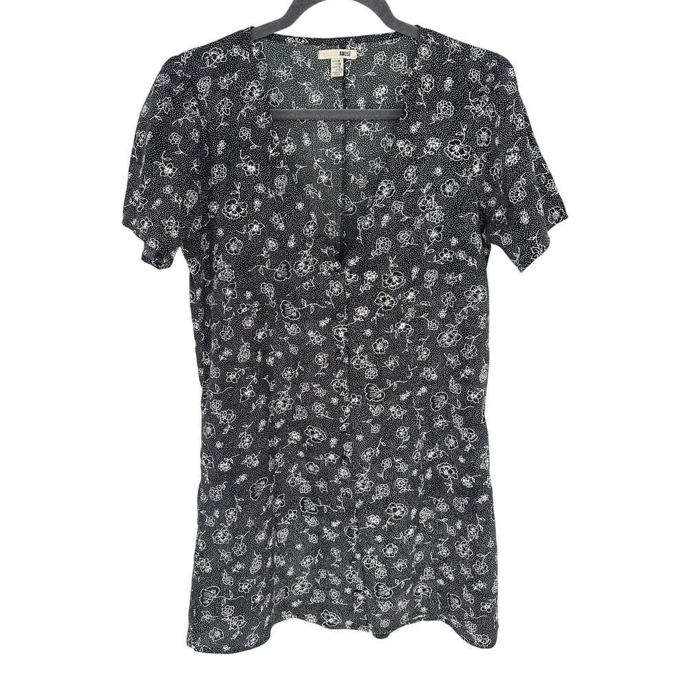 Amuse Society Market Mini Dress M‎ Black White Floral V-Neck Boho Summer Beach